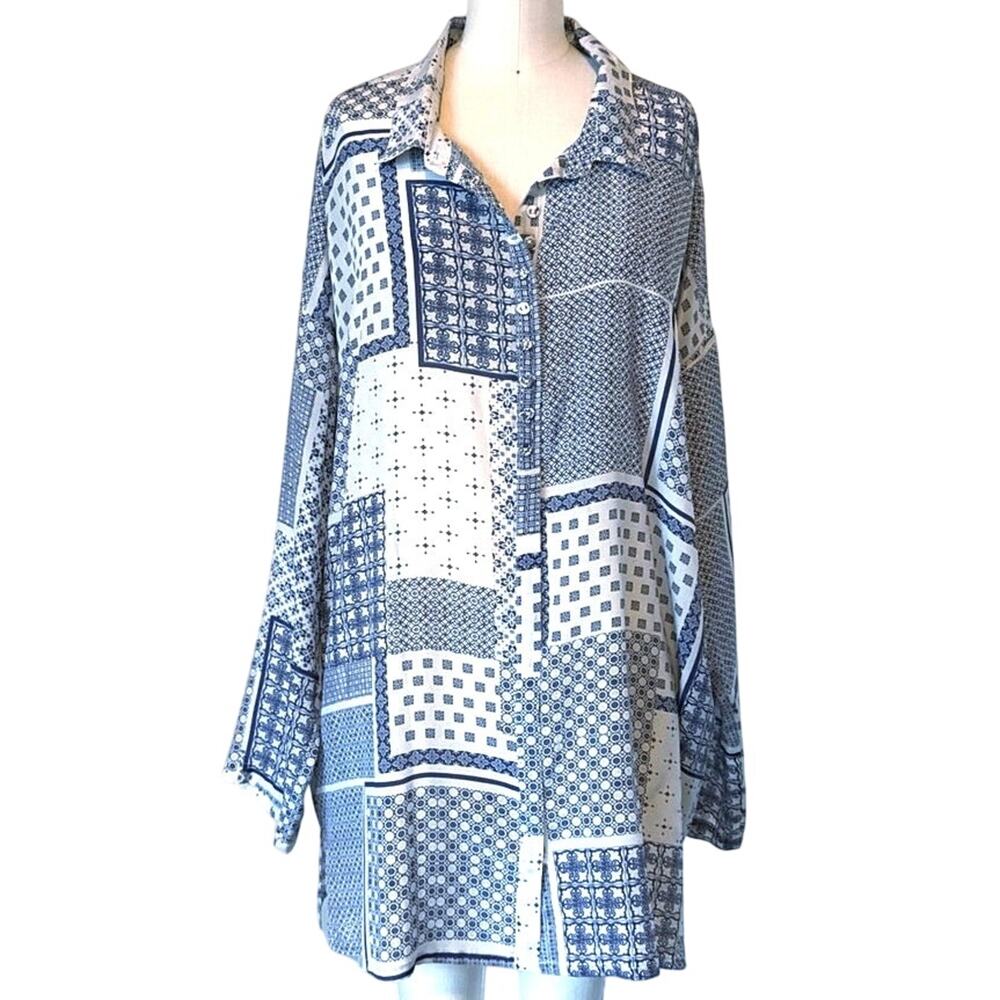 Johnny Was Rinit Blue Silk Blouse Size L